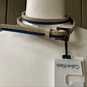 Calvin Klein NWT Genuine Leather Snakeskin Tan/Blue Skinny Belt Size Small